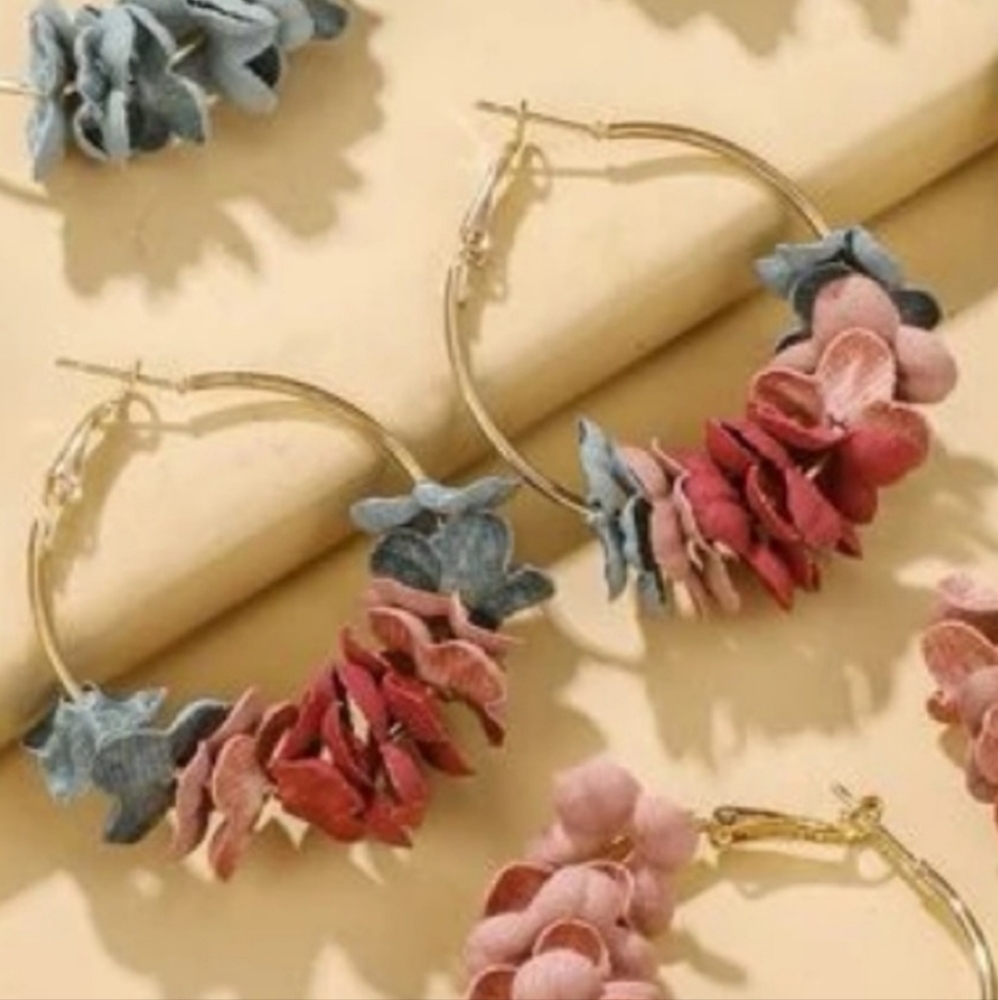 Floral Cloth Gold Hoop Earrings